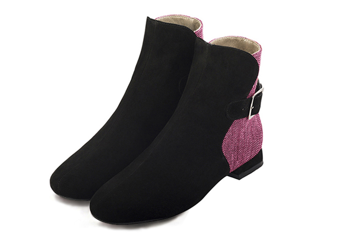 Women's matt black and fuchsia pink elegant ankle boots, with buckles at the back. Round toe. Flat block heels - Front view